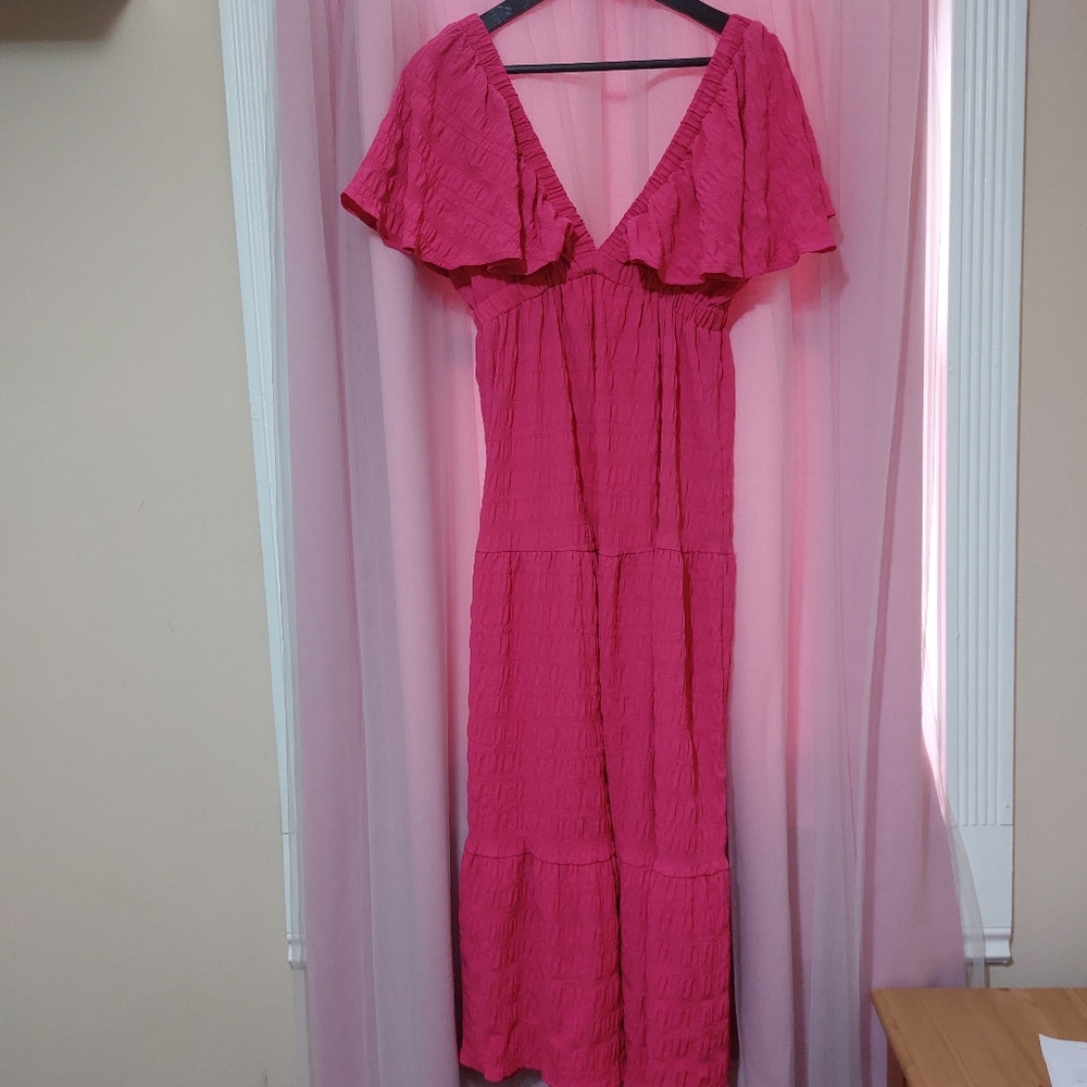 Hot Pink Maxi Dress Deep Plunge Neckline (Size Medium)